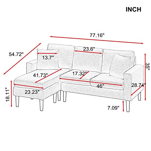 77.16 x 54.72 x 35 Inch Modern Fabric Sectional Sofa, L-Shaped Sleeper Sofa Upholstered Couch Bed for Apartment Small Space