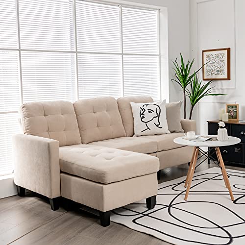 Giantex Convertible Sectional Sofa Couch with Reversible Ottoman, Linen Fabric Modern Living Room Furniture Sets for Small Apartment, L-Shaped Sofa 77 Inch Length (Beige)