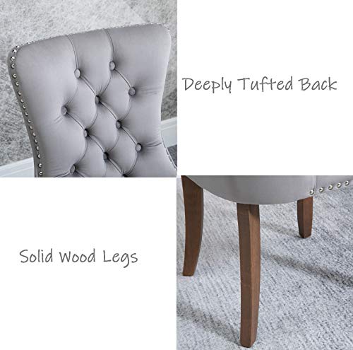Rhomtree Set of 2 Velvet Fabric Dining Chairs Luxury Tufted Back with Nailed Trim and Back Ring Pull Home Kitchen Dining Room Chairs Armless Accent Side Chairs Solid Rubber Wood Legs, Set of 2 (Grey)