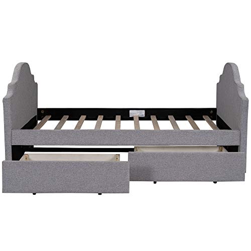 Twin Size Daybed, Upholstered Daybed with Two Storage Drawers, Twin Size Wood Slat Support Day Bed Frame for Family Kids Boys Girls Teens, No Box Spring Needed, Easy Assembly, Gray