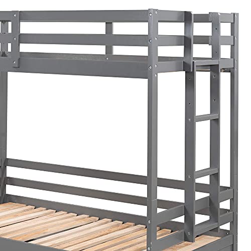Twin Over Twin/Full/Queen/King Bunk Bed, New Version Wooden Bunk Bed with Drawers, Extendable Pull-Out Bunk Bed, Convertible to Daybed and Loft Bed, Functional Twin Bunk Bed (Grey)