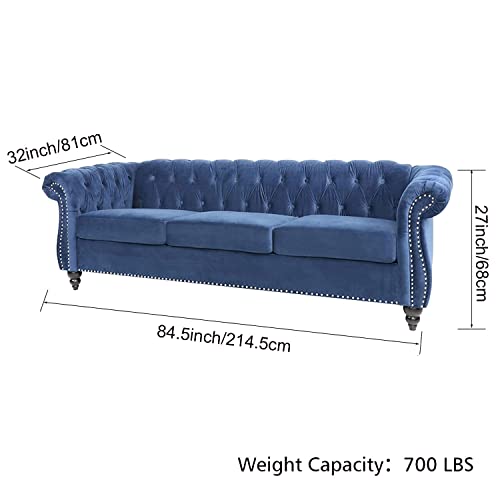 Chesterfield Sofa Couch with Velvet Upholstered Seat Cushions and Button Tufted Back, 84