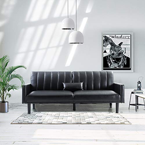 Futon Sofa Bed Leather Sleeper Sofa, 3 Angles Recliner Loveseat Black Sofa Couch, Modern Folding Daybed Sofa Beds for Living Room Bedroom Apartment