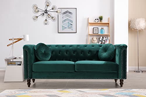 US Pride Furniture Modern Style High Density Foam 75.98'' Wide Emerald Green Velvet Rolled Arm Chesterfield Living Room Removable Cushion & Solid Wood Legs (S5608-5613) Sofas