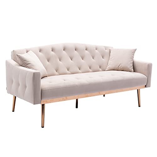 Accent Couch,Velvet Futon Sofa Bed,Sleeper Sofa Couch with 2 Pillows,Tufted Loveseat Sofa with 5 Golden Metal Legs Mid Century Modern Sofas for Home Living Room Bedroom(Beige)