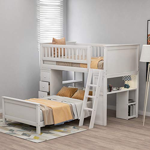 Twin Over Twin Bunk Bed, Solid Wood Bed Frame for Kids, Twin Size Loft Bed with 4 Drawers and Shelves, Safety Rail, Ladder and Desk (Milky White)