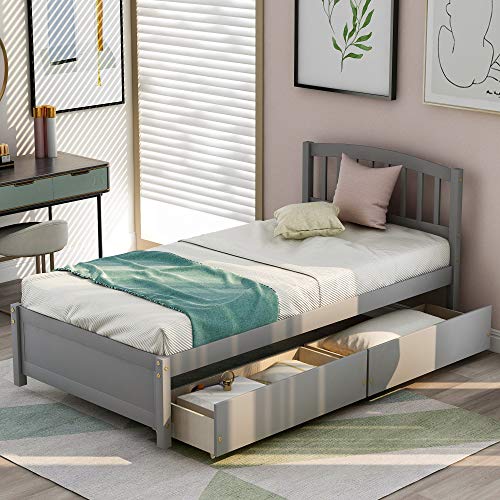 Twin Storage Bed Frame, Wood Platform Bed with Two Drawers and Headboard, Grey