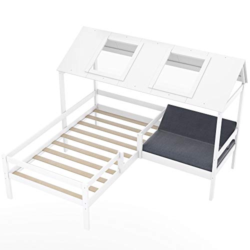 Twin Bed Frame with Relax Seat, Solid Wood House Bed with Free Cushions for Kids( Mattress not Included), House-Shaped Bed White