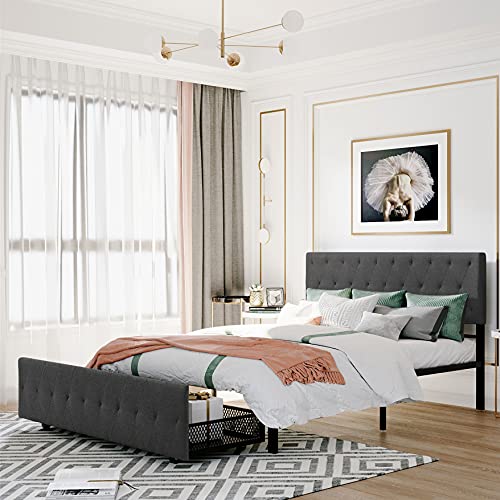 Queen Bed Frame with Drawers, Queen Size Bed Frame with Storage , Metal Queen Platform Bed with Tufted Headboard and Footboard, No Box Spring Needed,Gray