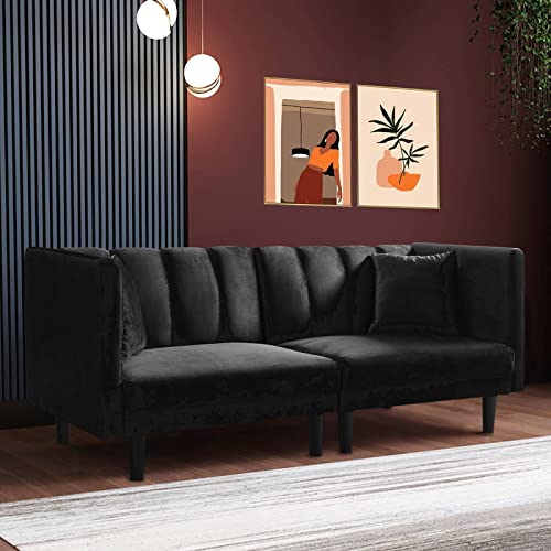 FRITHJILL Futon Sofa Bed,73.2 inch Velvet Convertible Sleeper Loveseats, Small Space Couch with Pillows