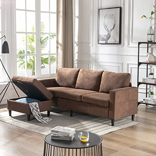 L-Shape 3-Seater Couch Reversible Sectional Sofa with Movable Storage Ottoman, Living Room with Modern Linen Fabric for Apartment, Upstairs Loft, and More