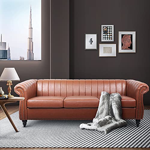 Chesterfield PU Leather Sofa Couch, Living Room Rolled Arm Three Seater Sofa