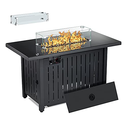CUREALLSO 43 Inch Propane Fire Pit, 60,000BTU Auto-Ignition Gas Fire Pit Table with Glass Wind Guard, CSA Approved, 6.6 Pounds Lava Stone for Outdoor Garden Patio Backyard Deck Poolside