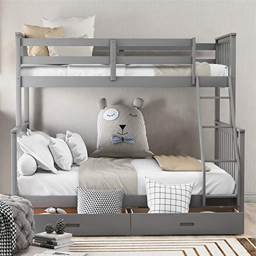Harper & Bright Designs Twin-Over-Full Bunk Beds Wood Bunk Bed Frame with Drawers for Kids, Gray