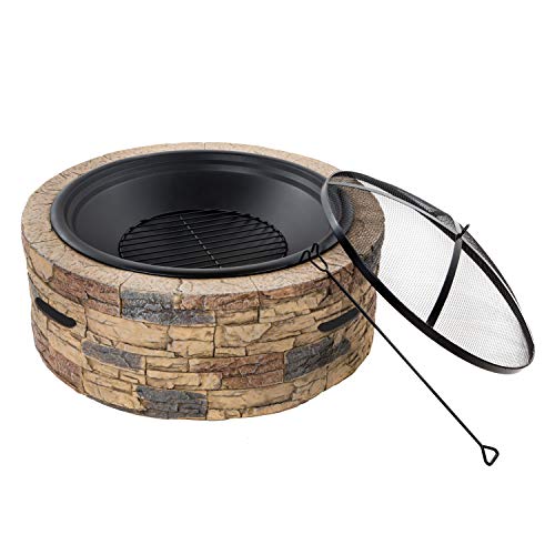 Sun Joe SJFP35-STN Cast Stone Base, Wood Burning Fire Pit w/Dome Screen and Poker