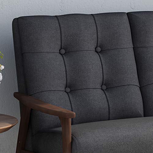 Christopher Knight Home Athena Mid Century Waffle Stitch Tufted Accent Loveseat with Rubberwood Legs-Black and Walnut Finish