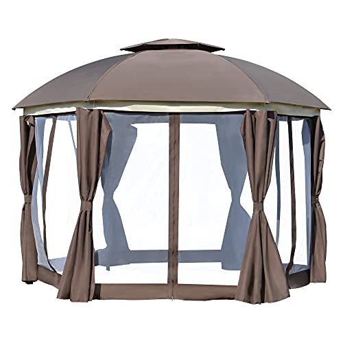 Outsunny 12' x 12' Round Outdoor Patio Gazebo Canopy with 2-Tier Roof, Netting Sidewalls, & Strong Steel Frame, Brown