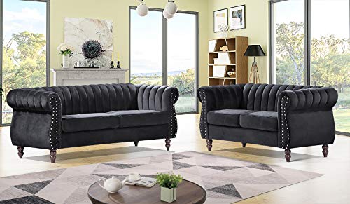 Container Furniture Direct Quinones Modern Nailhead Trim Channel Tufted Chesterfield Rolled Arms, Sofa, Midnight Black