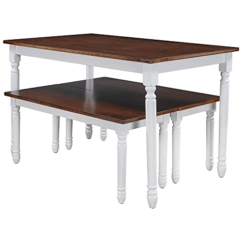 Harper & Bright Designs 3-Piece Retro Farmhouse Dining Set, Wood Kitchen Dining Table Set with 2 Benches, Cherry+White