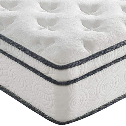 Modway Jenna 10” Twin Innerspring Mattress Quality Quilted Pillow Top-Individually Encased Pocket Coils-10-Year Warranty, Twin, White