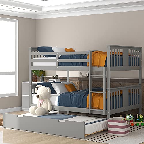 Full Over Full Bunk Bed with Trundle, Wood Full Size Bed Frame with Ladder and Guard Rail for Teens Bedroom, Guest Room (Gray,Full Bunk Bed)