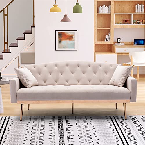 Tufted Chaise Lounge Sofa Velvet Couch with 2 Small Pillows, Accent Sofa Modern Loveseat Sofa with Rose Gold Metal Feet, Twin Size Contemporary Sofas for Living Room and Bedroom (Type D, Beige)