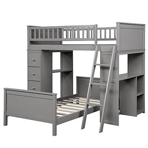 Twin Over Twin Loft Bunk Beds with Chest and Desk, Low Profile Kids Bunk Beds,No Box Spring Required, Wood, Gray