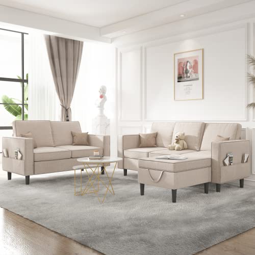MUZZ Sectional Sofa Set - Sectional Couch with Storage Ottoman and Pockets, Convertible Sofa Couch for Living Room, Living Room Furniture Set, Sofa + Loveseat + Ottoman (Beige)