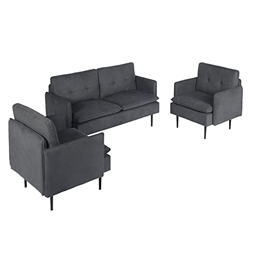 AODAILIHB Sofa Sets for Living Room 3 Piece Mid Century Modern Sectional Couch Set, Upholstered Loveseat and 2 Armchairs Set for Home Office Small Space (3, Grey)