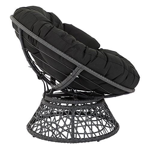 OSP Home Furnishings Wicker Papasan Chair with 360-Degree Swivel, Grey Frame with Black Cushion