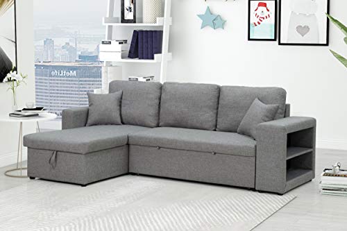 Sectional Sofa with Pull Out Bed, HABITRIO Grey Fabric Upholstered Loveseat Couch w/Storage Chaise Lounge, Space-Saving Armrest with 2 Shelves, 91