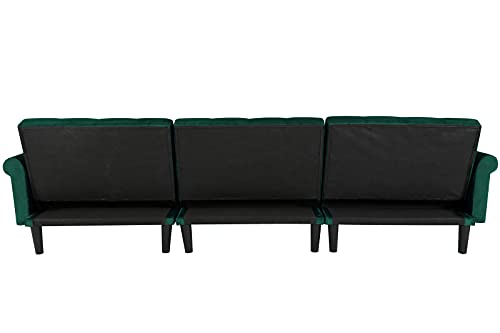 Knowlife Sectional Convertible Futon Sofa Bed, Mid-Century Velvet Sleeper Sofa with Reversible Chaise and 2 Pillows, 115”L Sofa Couch for Living Room and Small Space (Green)