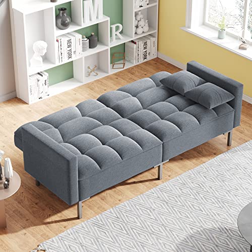 P PURLOVE Linen Upholstered Modern Sofa Bed with Armrest, Sofa with Adjustable Backrest, Convertible Folding Futon Sofa Bed with Sturdy Metal Legs, for Living Room, Bedroom, Office, Dark Gray