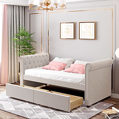 Twin Size Daybed, Upholstered Daybed with Two Storage Drawers, Wood Daybed Twin Size, Wood Slat Support Day Bed Frame, No Box Spring Needed, Easy Assembly, Beige