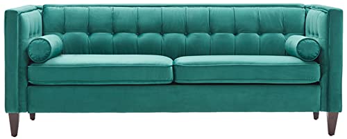 Dreamsir 58'' W Velvet Sofa, Mid-Century Love Seats Sofa Furniture with Bolster Pillows, Button Tufted Couch for Living Room, Tool-Free Assembly (Loveseat, Green)