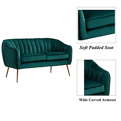 Artechworks Curved Tufted Velvet Modern Tub Barrel Loveseat Sofa Chair Upholstered Couch with Golden Metal Legs Club Two-Seat Sofa for Living Reading Room Bedroom Apartment Small Space Dorm, Green