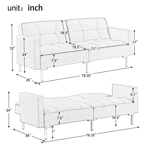 Convertible Sofa Bed Upholstered Linen Fabric Tufted Sofa Couch, Mid Century Split-Back Futon Sofa Modern Fabric Sleeper Sofa with Metal Legs for Living Room, Can Convertible Into A Bed (Orange)