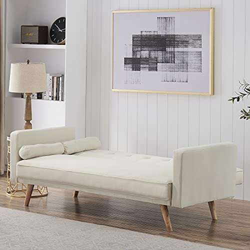 Mid Century Convertible Couch Sofa Bed, Folding Fabric Cotton Futon Bed Couch Sofa with Tufted Back Straight Armrest Soft Seat and Sturdy Wooden Legs for Living Room Bedroom (Cotton, Beige+Yellow)