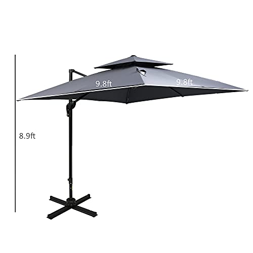 Outsunny 10' 2-Tier Canopy Cantilever Patio Umbrella with Rotating Base & 5-Position Tilt, Grey