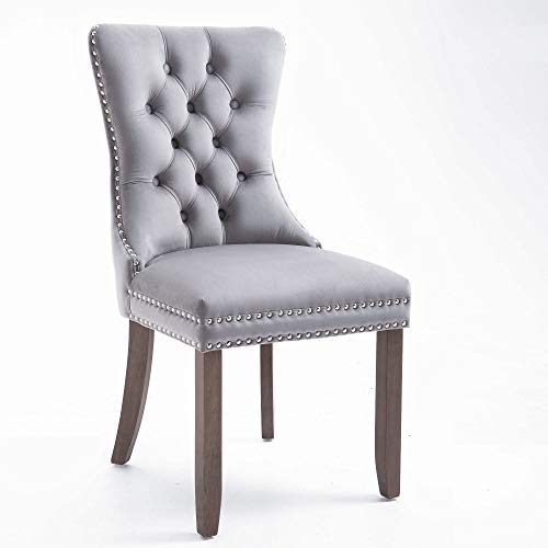 Rhomtree Set of 2 Velvet Fabric Dining Chairs Luxury Tufted Back with Nailed Trim and Back Ring Pull Home Kitchen Dining Room Chairs Armless Accent Side Chairs Solid Rubber Wood Legs, Set of 2 (Grey)