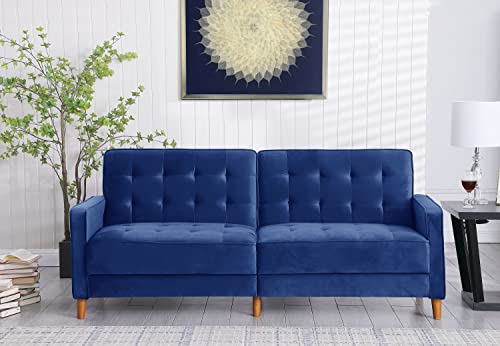 Velvet Sofa Bed Navy Blue,JULYFOX Mid Century Modern Couch Button Tufted 78 inch Wide 8 inch Thicker Futon Sofa Square Armrest Solid Wood Legs Heavy Duty Design