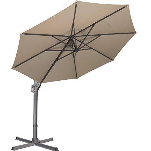 LKINBO 11ft Patio Offset Hanging Umbrella Round Deluxe Outdoor Cantilever Umbrella Large sun umbrellas 360 Degree Rotation with Lifting System and Cross Base for Garden Backyard Beach Pool(Beige)