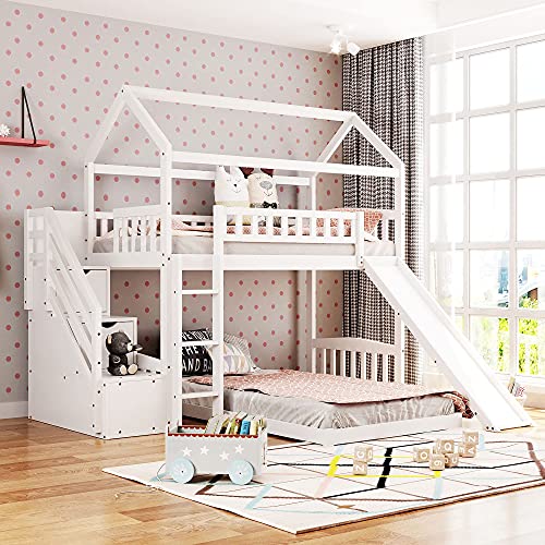 Twin Over Twin Bunk Bed with Two Drawers and Slide, House Bunk Bed Frame with Staircases and Guardrail, Wood Loft Bed for Kids, Teens, Girls, Boys (White & Slide)