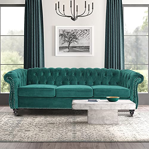 Velvet Chesterfield Sofa, 84'' Modern Tufted 3 Seater Couch with Scroll Arms and Wood Legs for Living Room Bedroom (Green)