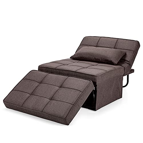 Giantex Sofa Bed Convertible Sleeper Adjustable Recliner Chair 4 in 1 Multi-Function 6-Position Backrest Ottoman Guest Bed Sofa Couch with Waist Pillow No Assembly (Brown)