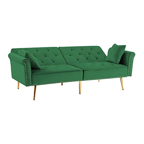 Velvet Sofa Bed, Convertible Sleeper Sofa Tufted Couch Bed with 3 Adjustable Split Back, Modern Upholstered Loveseat Couch Bed with Metal Legs and Nailhead Decor for Home Living Room (Green)