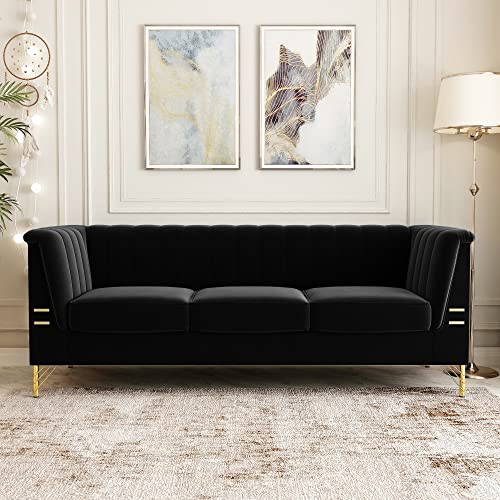 3 Seater Sofa with Arm-Rests – Contemporary Design – Comfortable and Soft Cushioning – Kiln Hardwood Frame with Velvet Upholstery – Gold Coloured Metal Legs – for Living Room (Black)