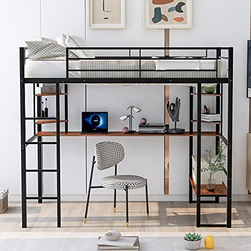Harper & Bright Designs Twin Loft Bed with Desk and Shelves, Metal Loft Bed Twin Size with Ladder and Guard Rail for Teens Workstation Desk ,Space Saving Loft Bed Frame (Black+MDF,Twin Loft)