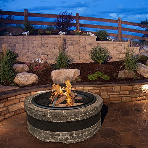 Sun Joe SJFP35-CS-STN Cast Stone Base, Wood Burning Fire Pit w/Dome Screen, Charcoal Gray