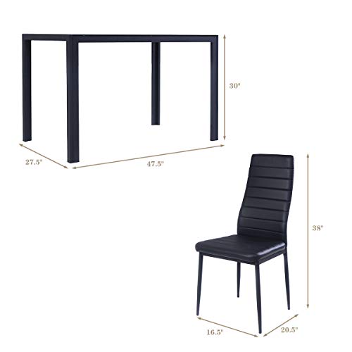 Giantex 5 Piece Kitchen Dining Table Set with Glass Table Top Leather Padded 4 Chairs and Metal Frame Table for Breakfast Dining Room Kitchen Dinette, Black